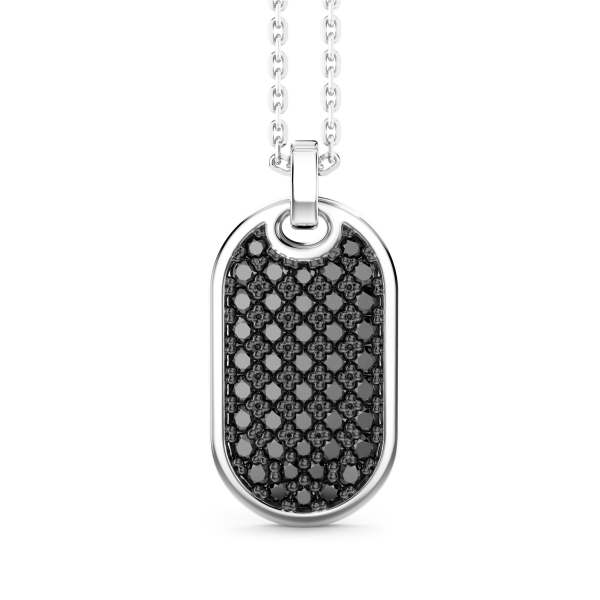 Zancan silver necklace with vertical tag pendant and black stones.