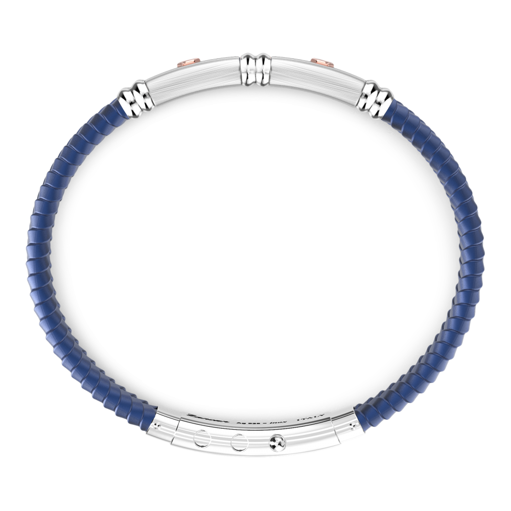 Pulsera Zancan de silicona negra con placa de plata y detalles de oro rosa.