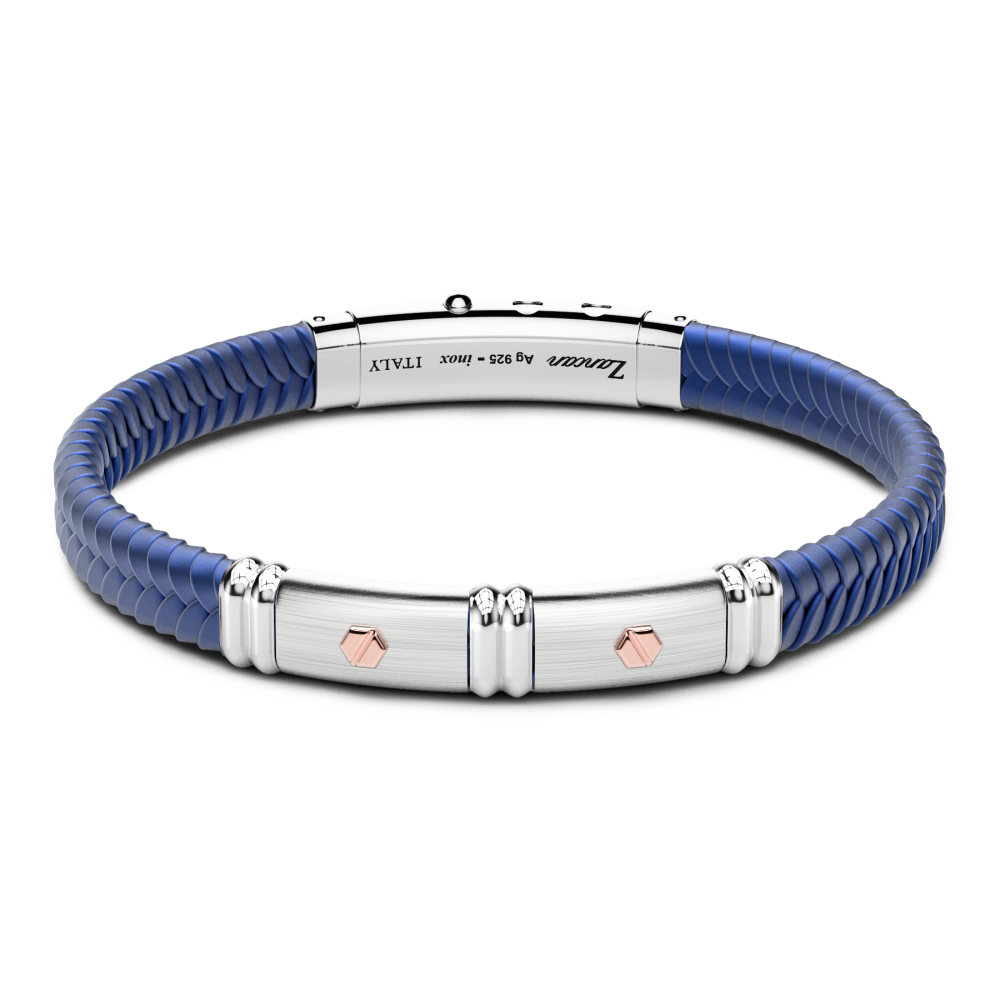 Pulsera Zancan de silicona negra con placa de plata y detalles de oro rosa.