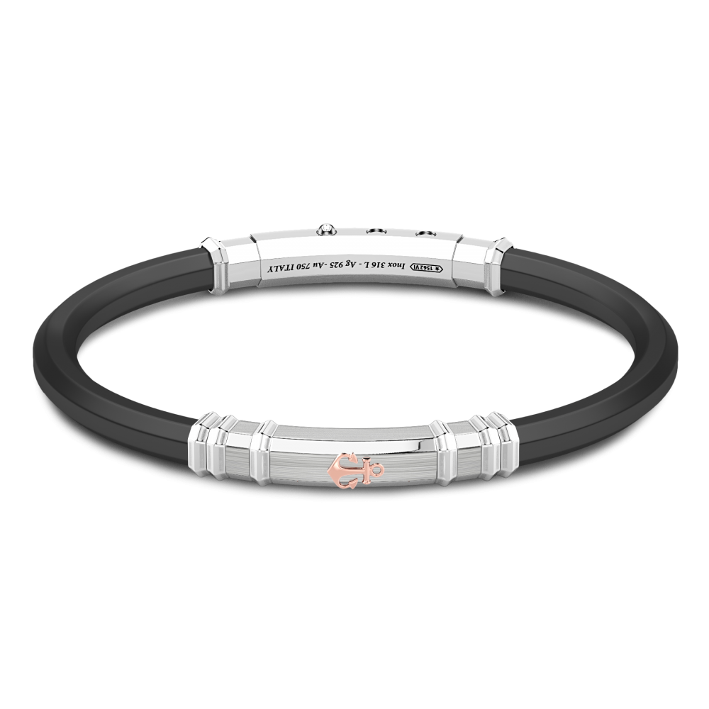 Bracciale Zancan in silicone nero con targa in argento e dettagli in oro rosa.
