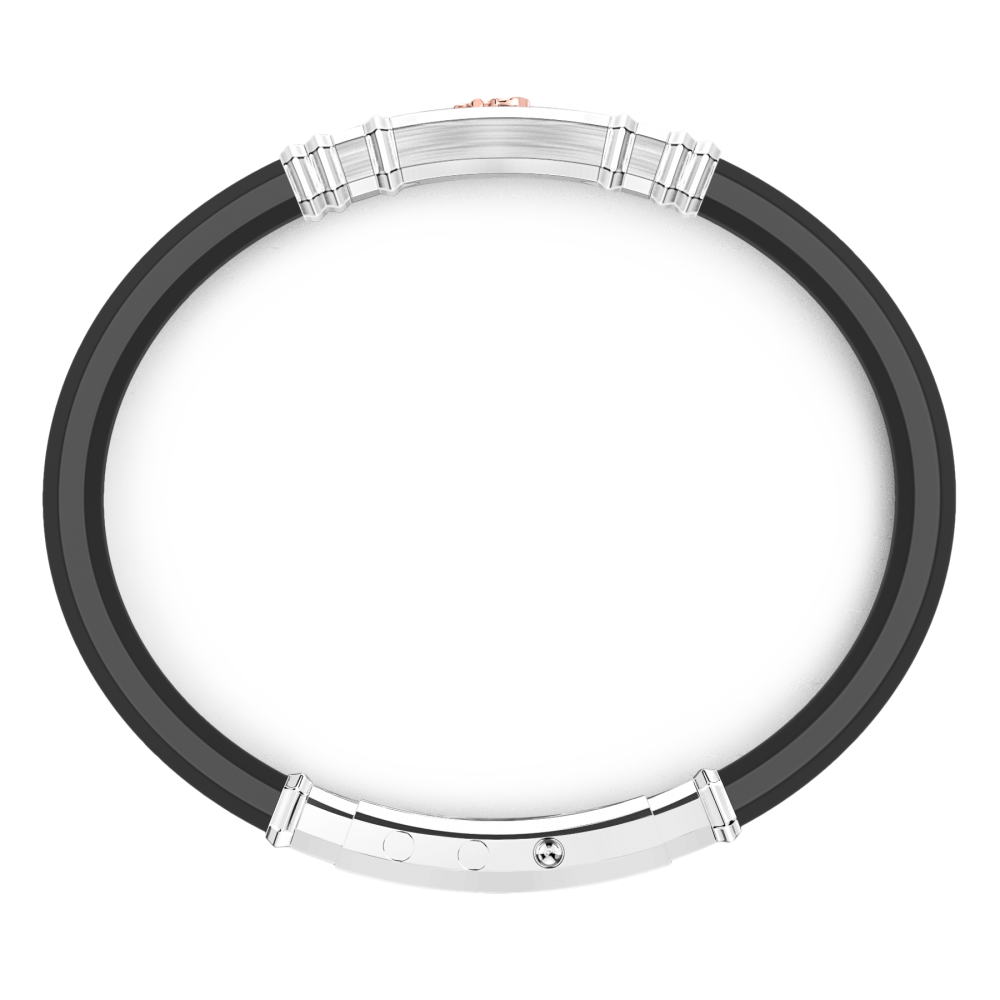 Bracciale Zancan in silicone nero con targa in argento e dettagli in oro rosa.