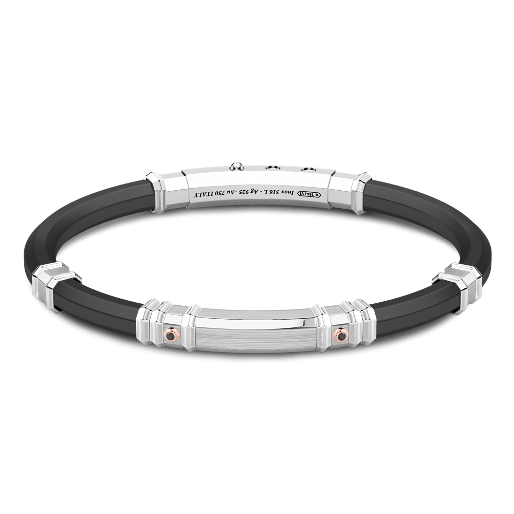 Bracelet Zancan en silicone noir avec plaque en argent et détails en or rose.