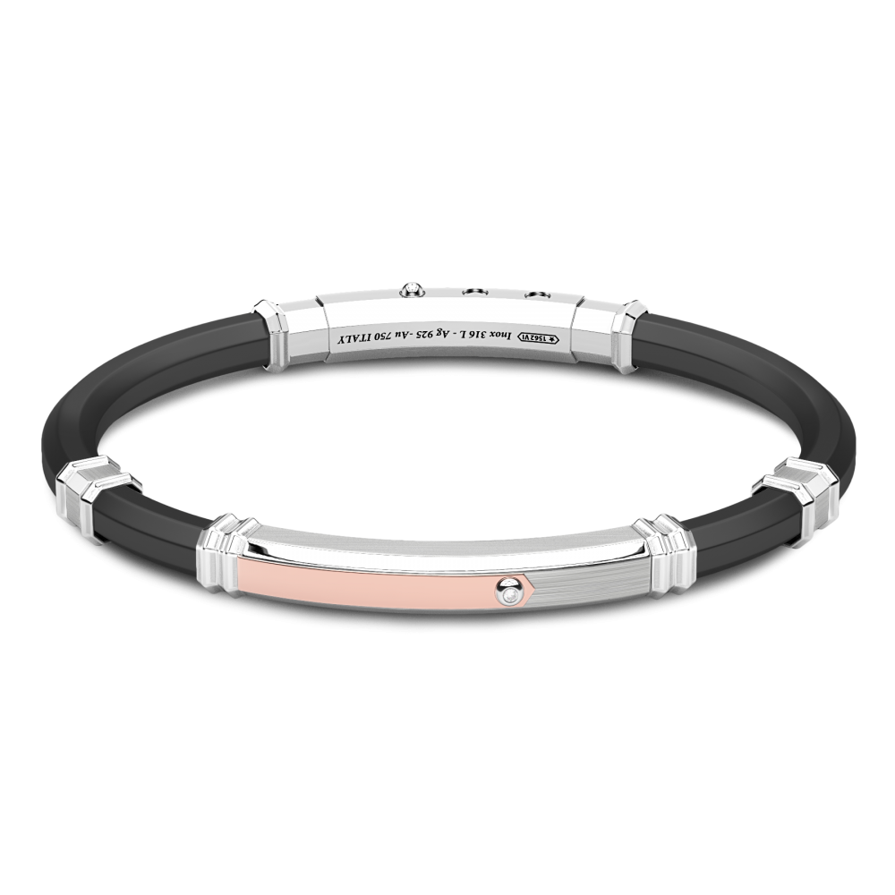 Bracciale Zancan in silicone nero con targa in argento e dettagli in oro rosa.