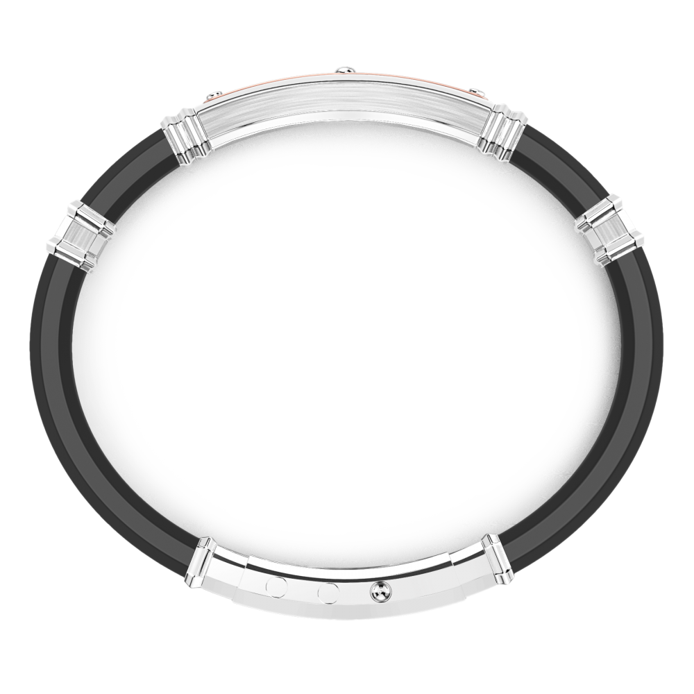 Zancan black silicone bracelet with silver tag and rose gold details.
