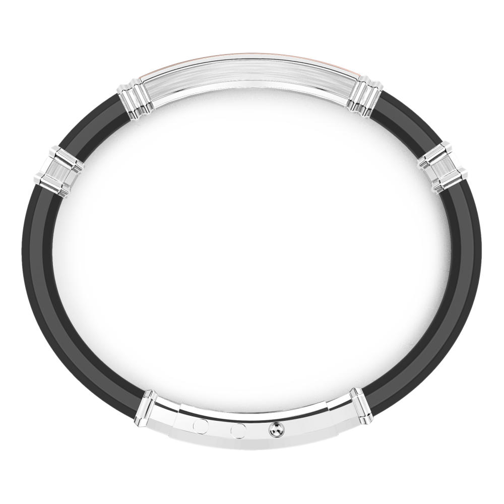 Zancan-Armband aus schwarzem Silikon mit Plakette aus Silber und Details aus Roségold.