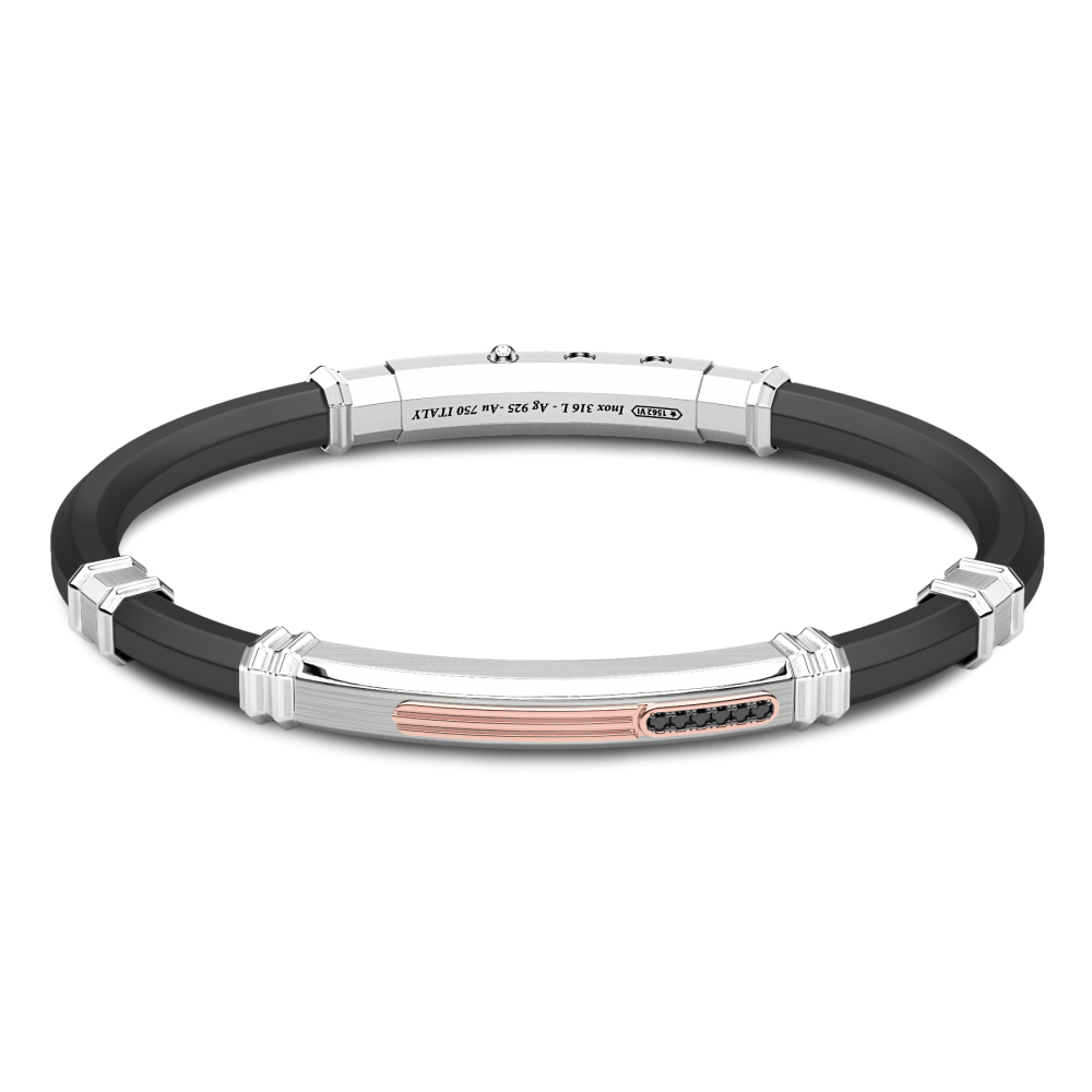 Bracciale Zancan in silicone nero con targa in argento e dettagli in oro rosa e pietre nere.