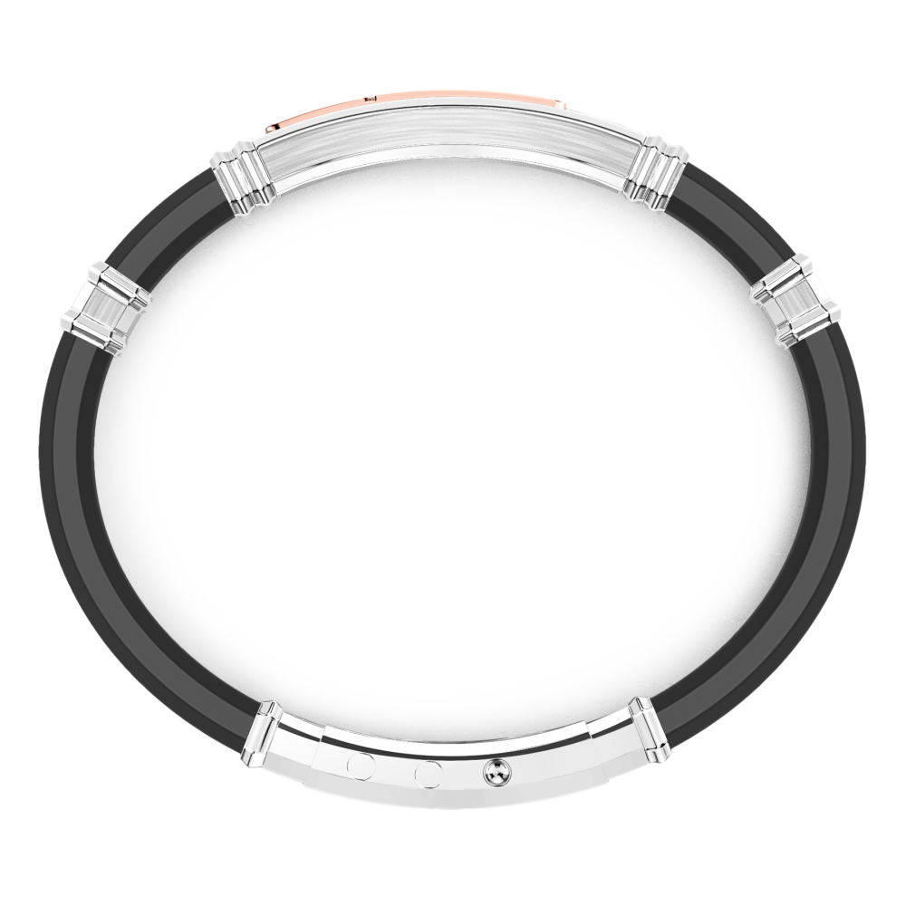 Bracciale Zancan in silicone nero con targa in argento e dettagli in oro rosa e pietre nere.