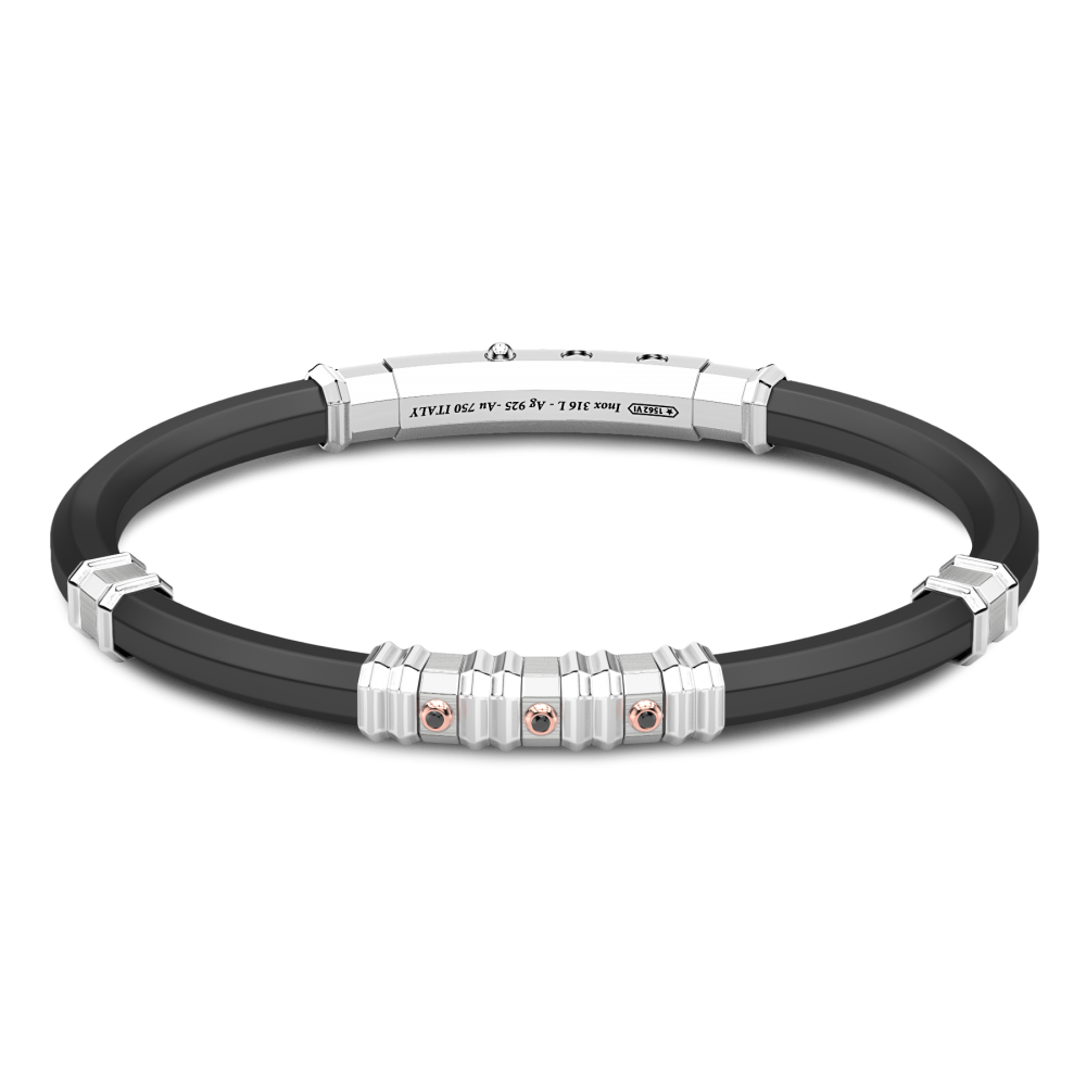 Bracciale Zancan in silicone nero con targa in argento e dettagli in oro rosa.