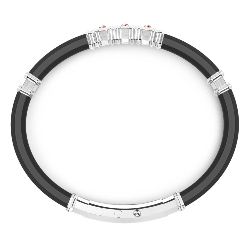 Bracciale Zancan in silicone nero con targa in argento e dettagli in oro rosa.
