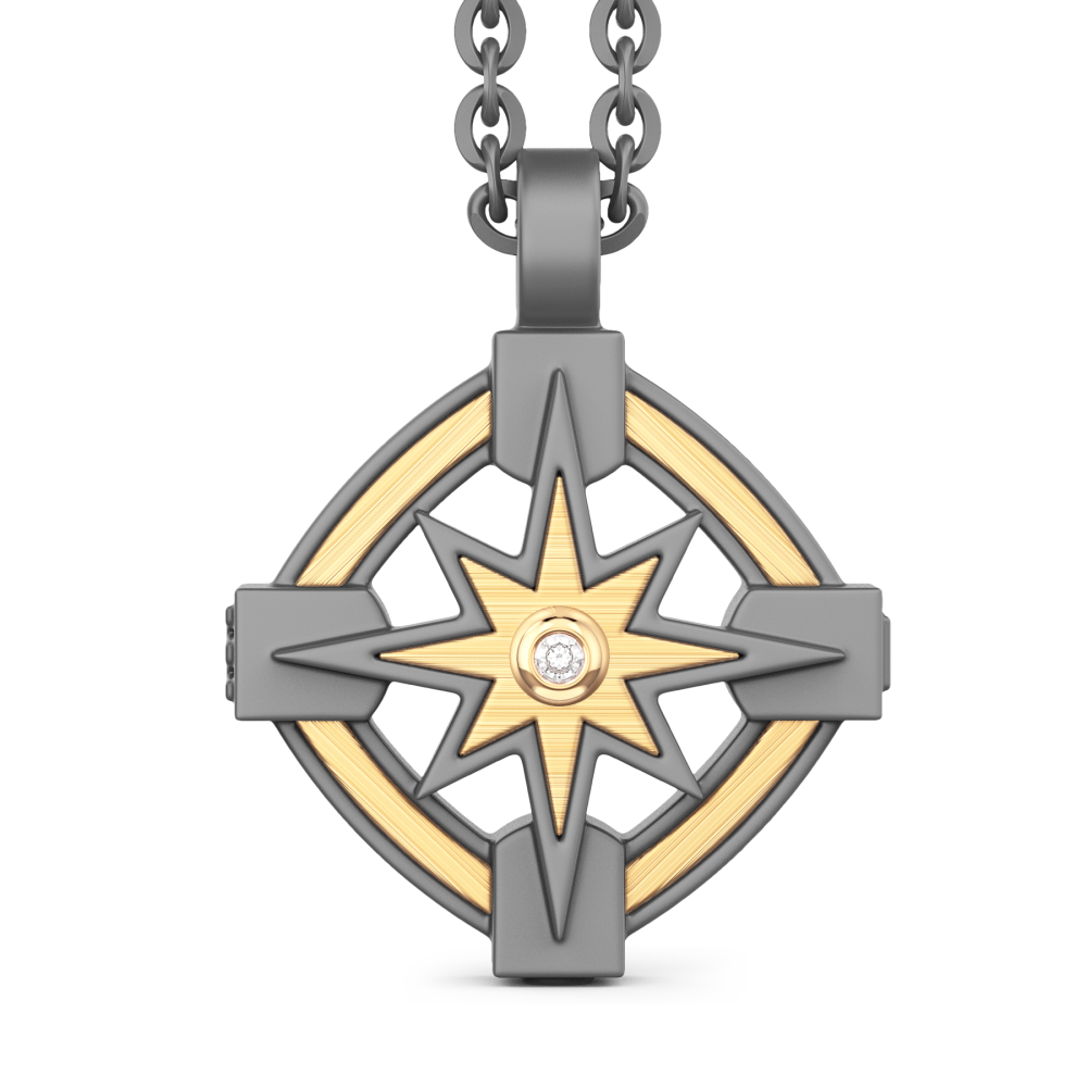 Zancan-Halskette aus Titan und 18 kt Gold mit Windrose und Diamant.