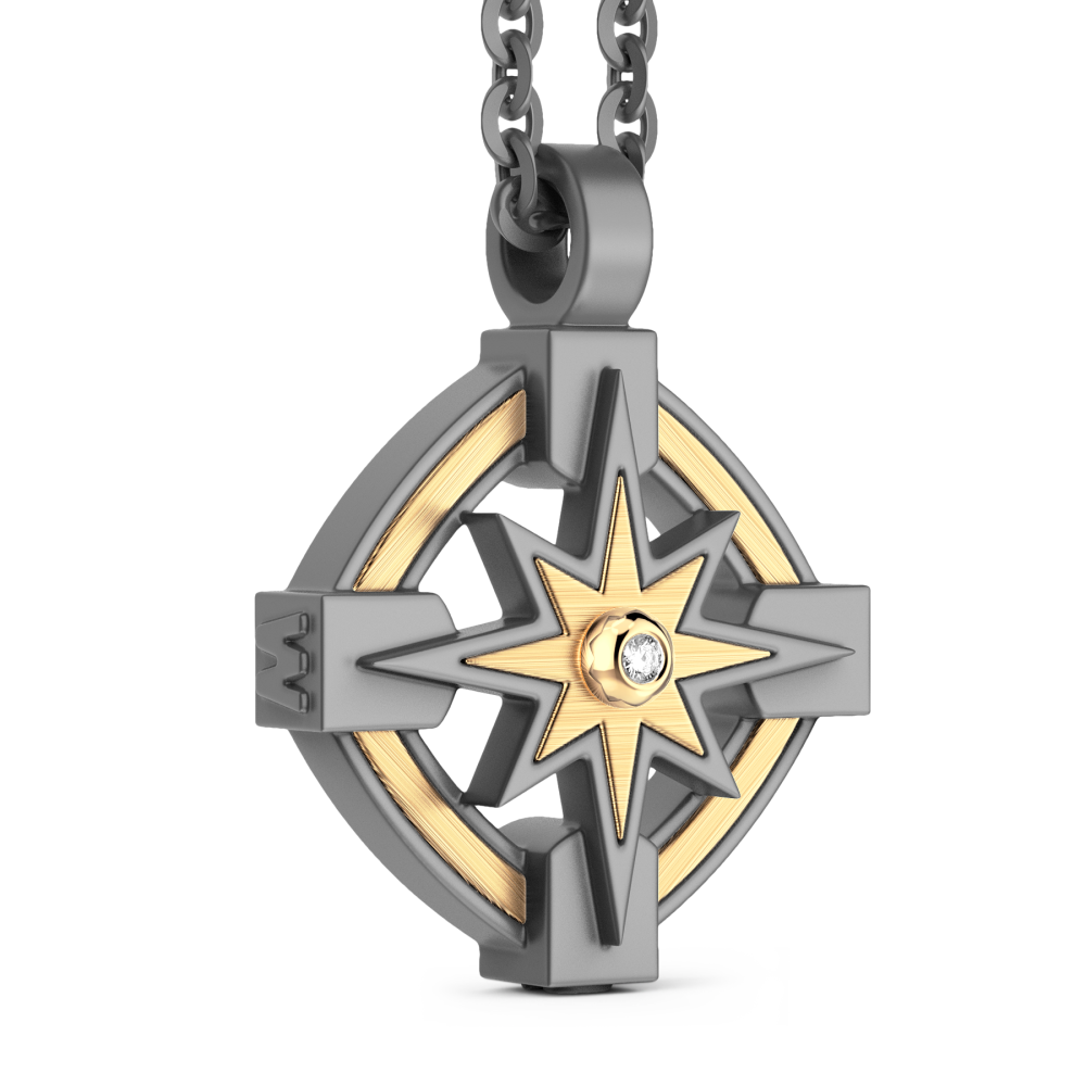 Zancan-Halskette aus Titan und 18 kt Gold mit Windrose und Diamant.