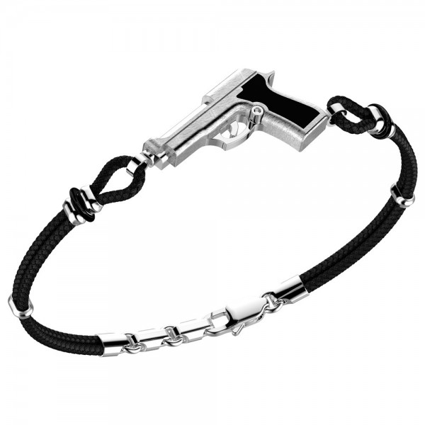 Silver bracelt with black kevlar and black namelled details