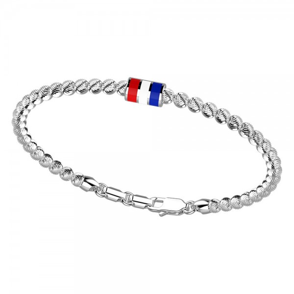 Bracciale in argento con sfere striate e bandiera smaltata.