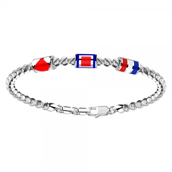 Bracciale in argento con sfere striate e 3 bandiere marine.