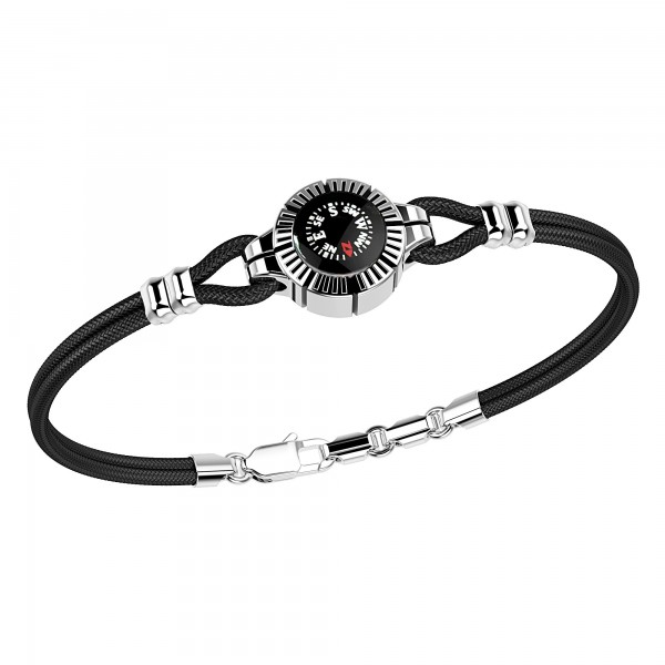 Bracciale in argento e kevlar nero con bussola su fondo nero.