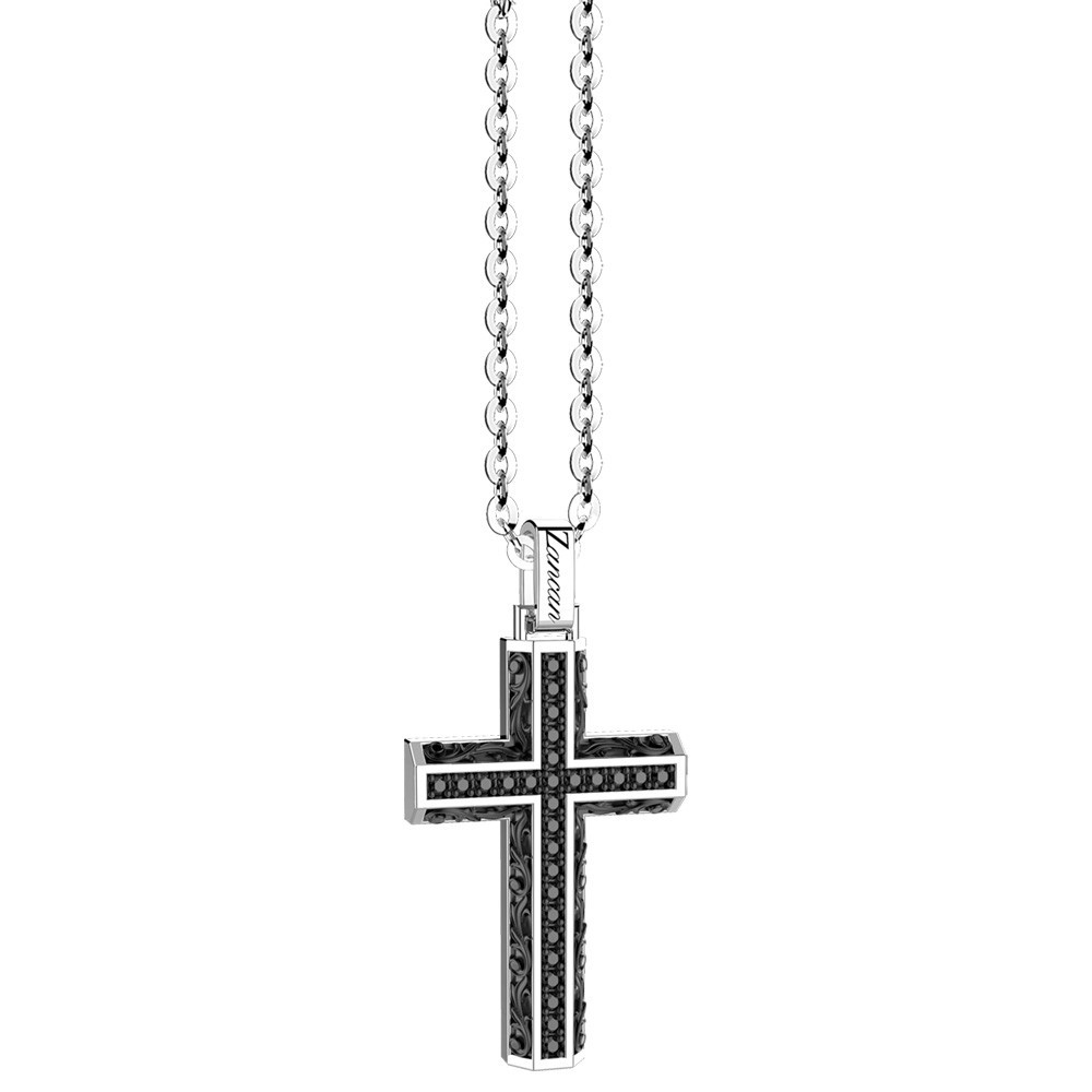 Zancan silver necklace with cross pendant and black stones.