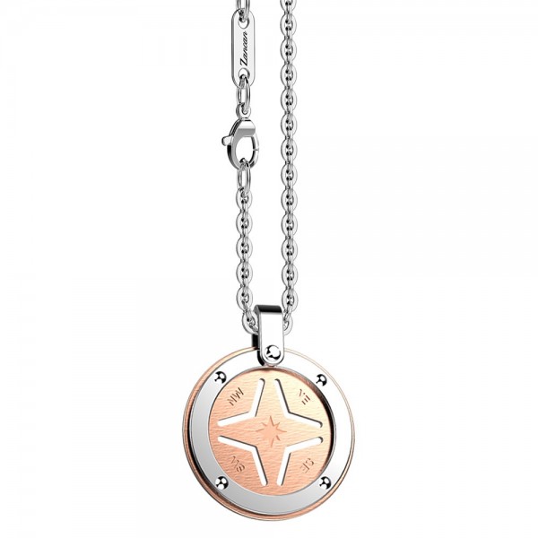 Stainless steel necklace with rose round medal.