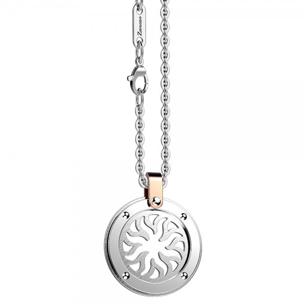 Stainless steel necklace with sun on the round medal.