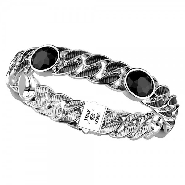 Bracciale in argento 925 con maglia larga e pietra onice naturale.