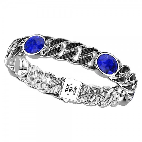 Bracciale in argento 925 con maglia larga e pietra Lapis naturale.