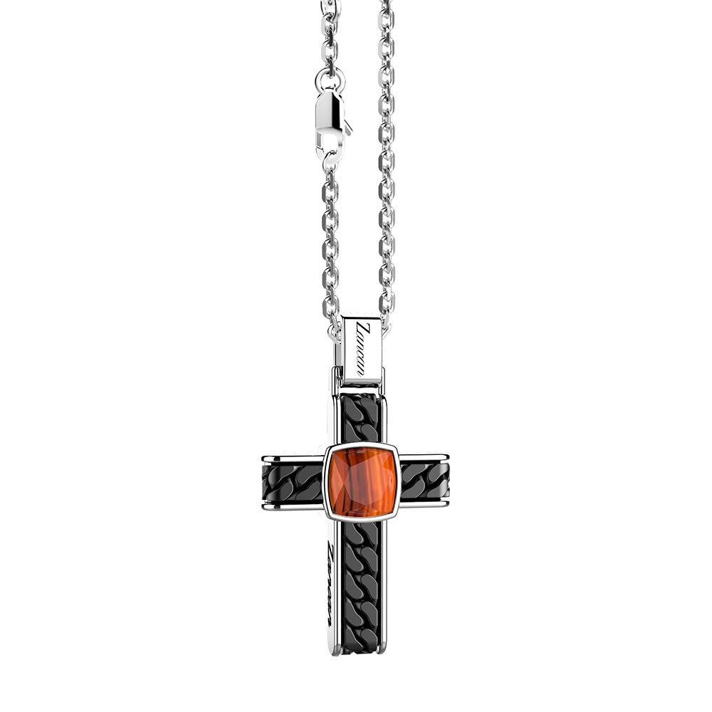 Collana in argento con pendente a croce e occhio di tigre quadrata.