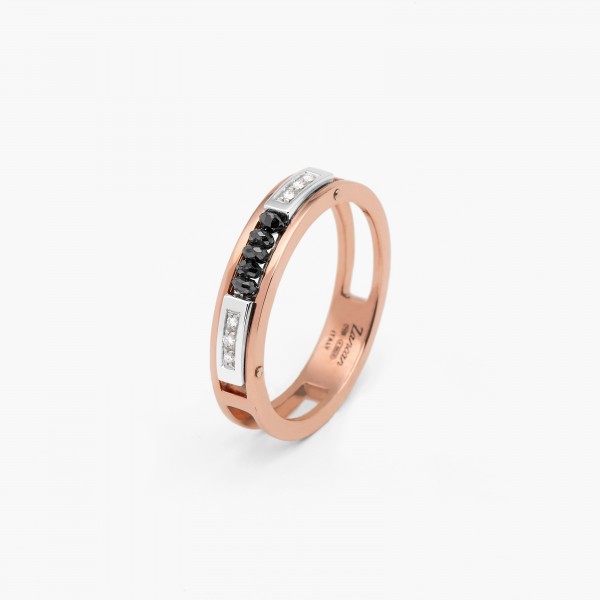 Rose gold men's ring with geometric design. Black diamonds in the middle, embellished with white gold details and white diamonds