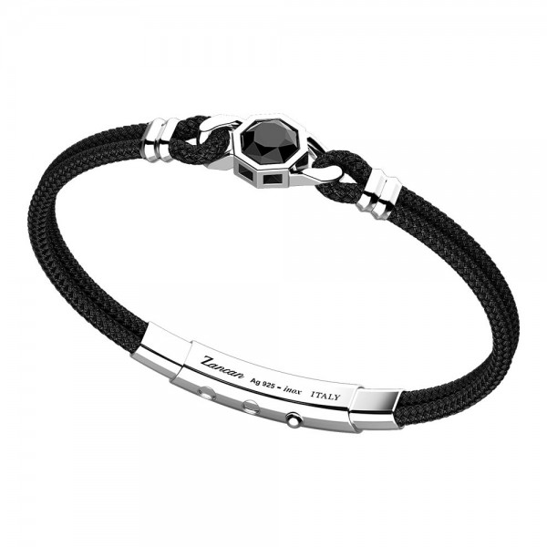 Bracciale da uomo in argento e kevlar nero con pietra onice esagonale.