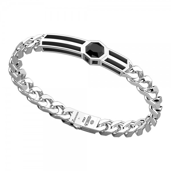 Bracciale in argento e groumette con texture centrale e pietra esagonale in onice.