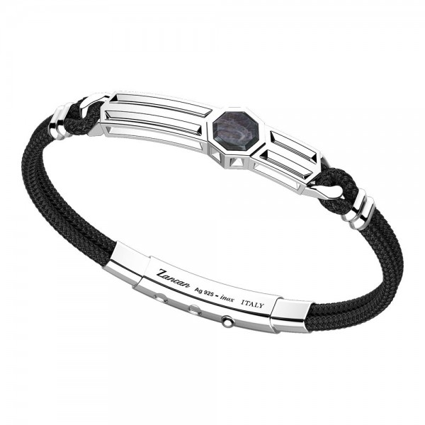 Bracelet in silver and black kevlar with hexagonal stone in black mother of pearl.