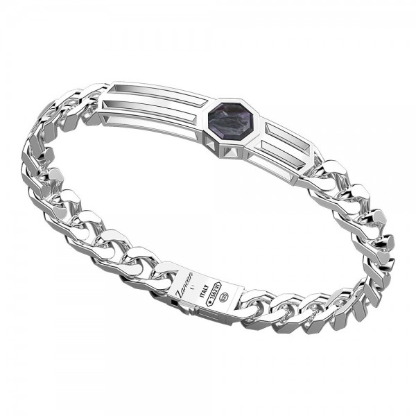 Bracciale con groumette in argento epiastra centrale con pietra esagonale in madre perla nera.