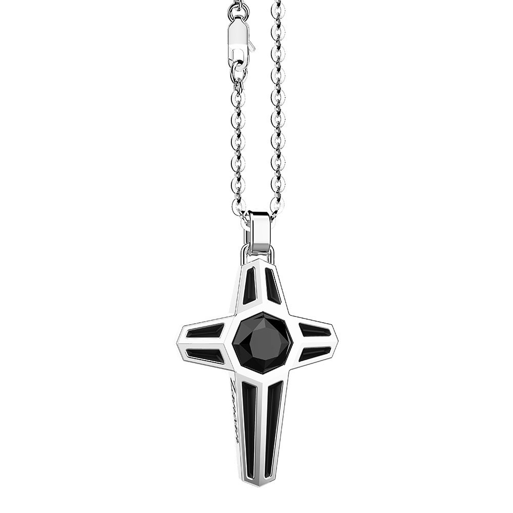 Collana in argento con pendente croce e pietra onice centrale.