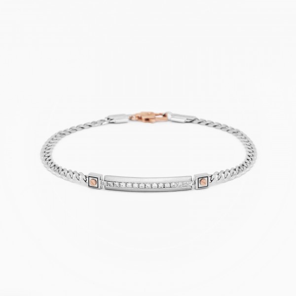 White gold men's bracelet, embellished with a plate with diamonds.