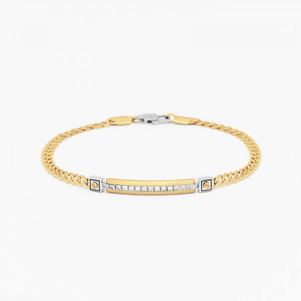 Yellow gold men's bracelet, embellished with a plate with diamonds.