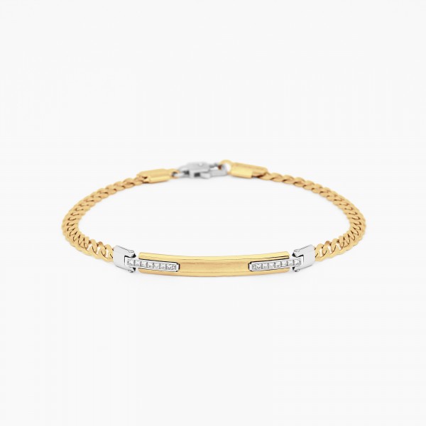 Yellow gold men's bracelet, embellished with a central plate, diamonds on the side.