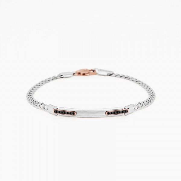 White gold men's bracelet, embellished with a central plate, black diamonds on the side.