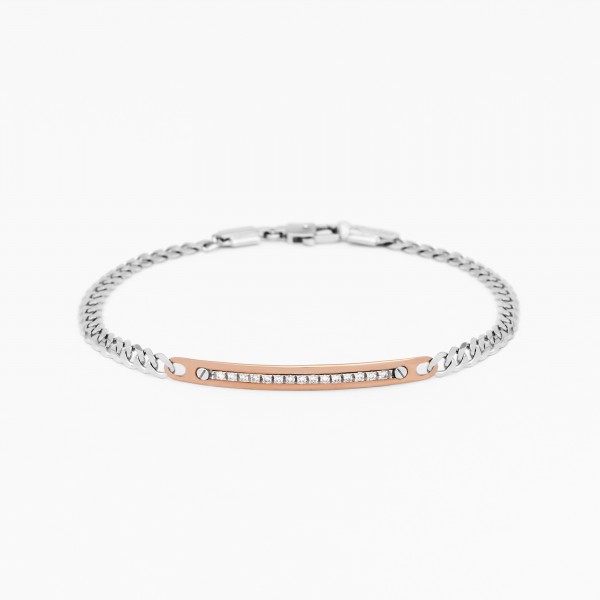 White gold men's bracelet, embellished with a plate with diamonds.