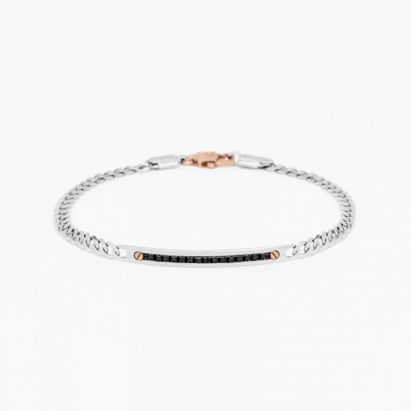 White gold men's bracelet, embellished with a plate with diamonds.