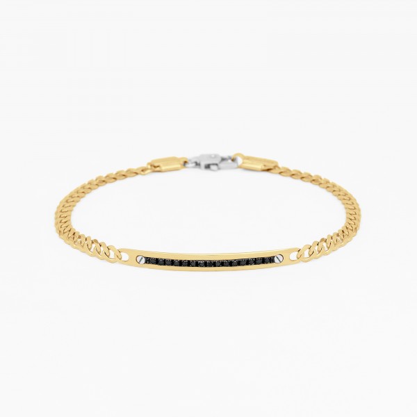 Yellow gold men's bracelet, embellished with a plate with diamonds.