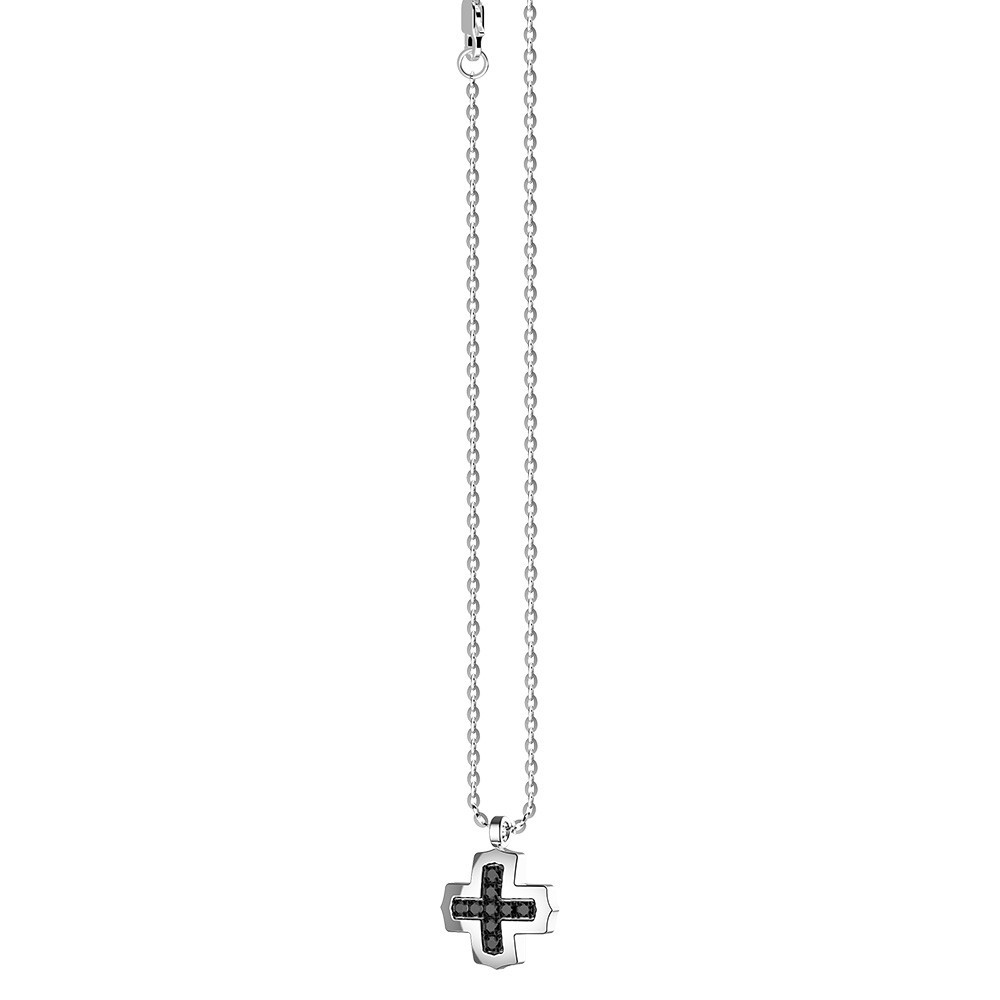 Zancan silver necklace with Greek cross pendant and black stones.