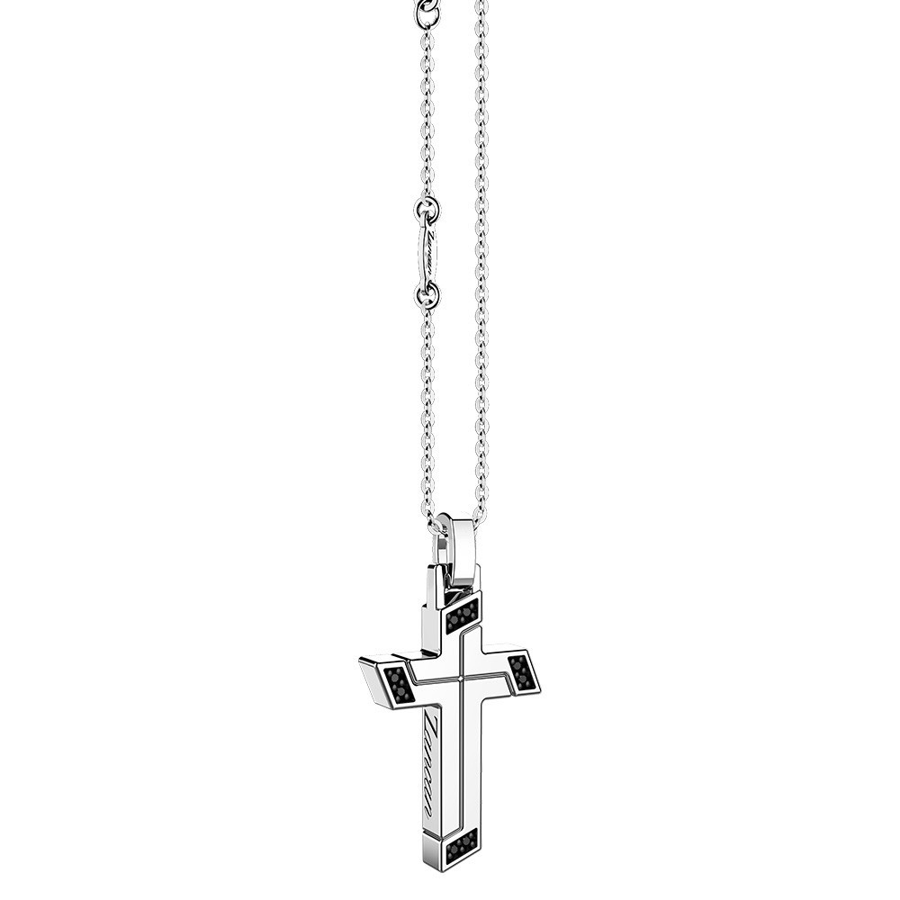Collier Zancan en argent avec pendentif croix et pierres noires.