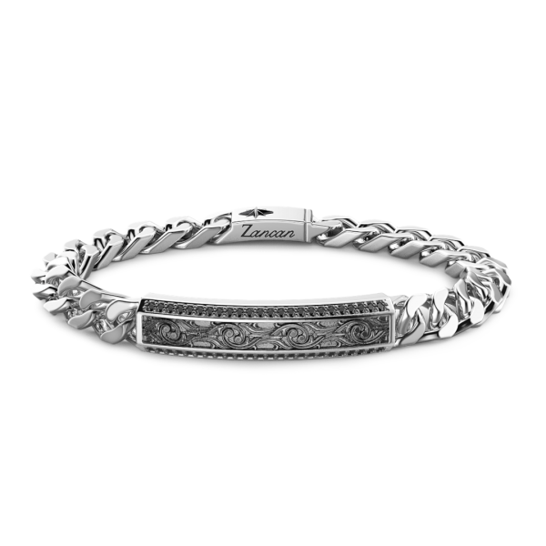 Bracciale Zancan in argento a grumetta con targa e pietre nere.