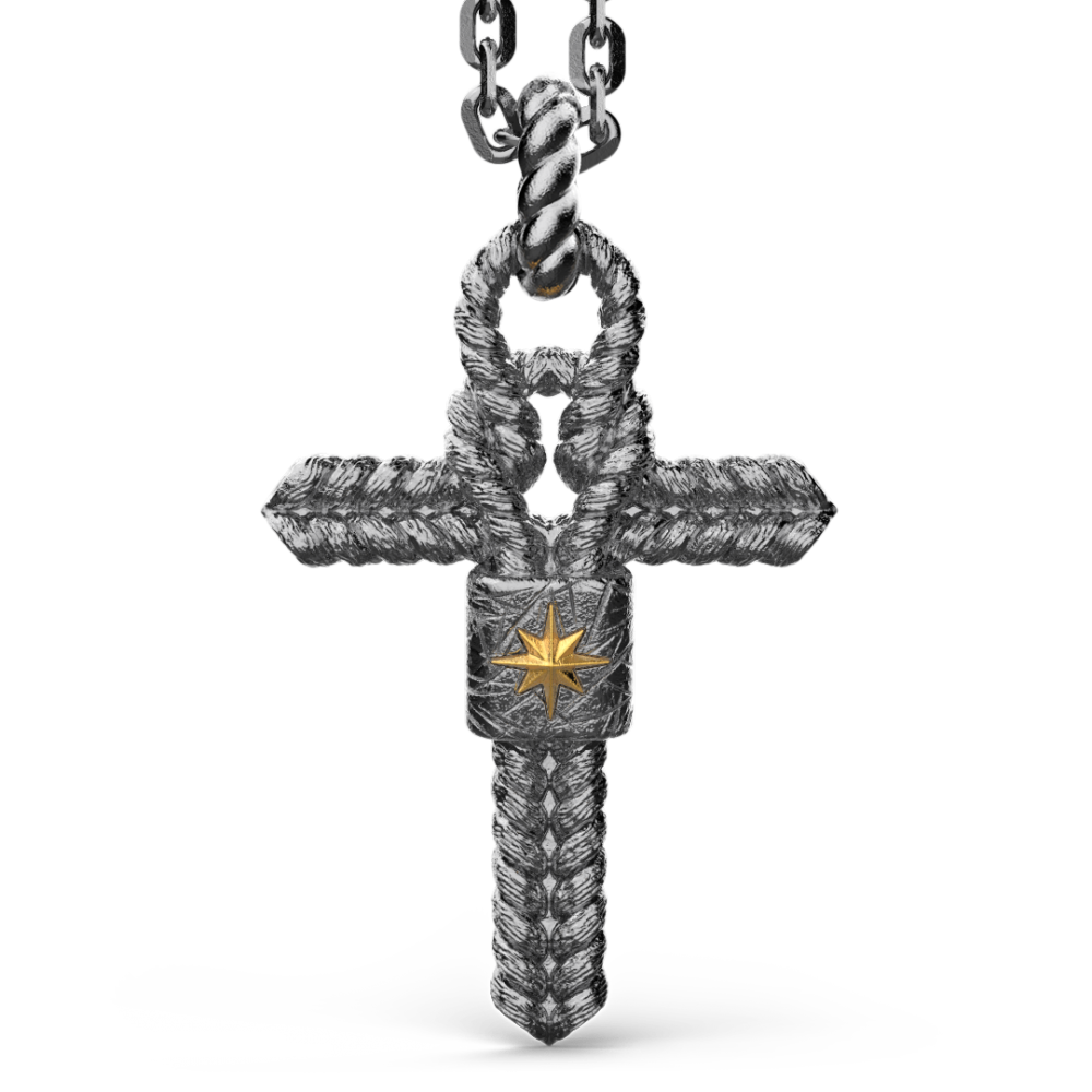 Collana Zancan in argento brunito con pendente a croce e nodo nautico.