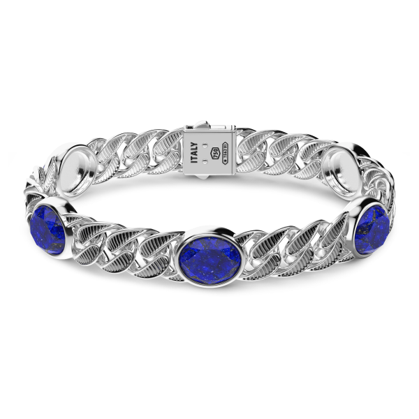 Bracciale a grumetta Zancan in argento con finitura striata in nero e pietre blu.