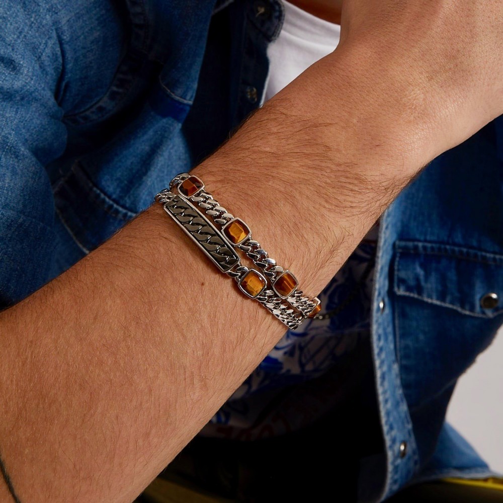 Bracciale a grumette Zancan in argento con pietre occhio di tigre.