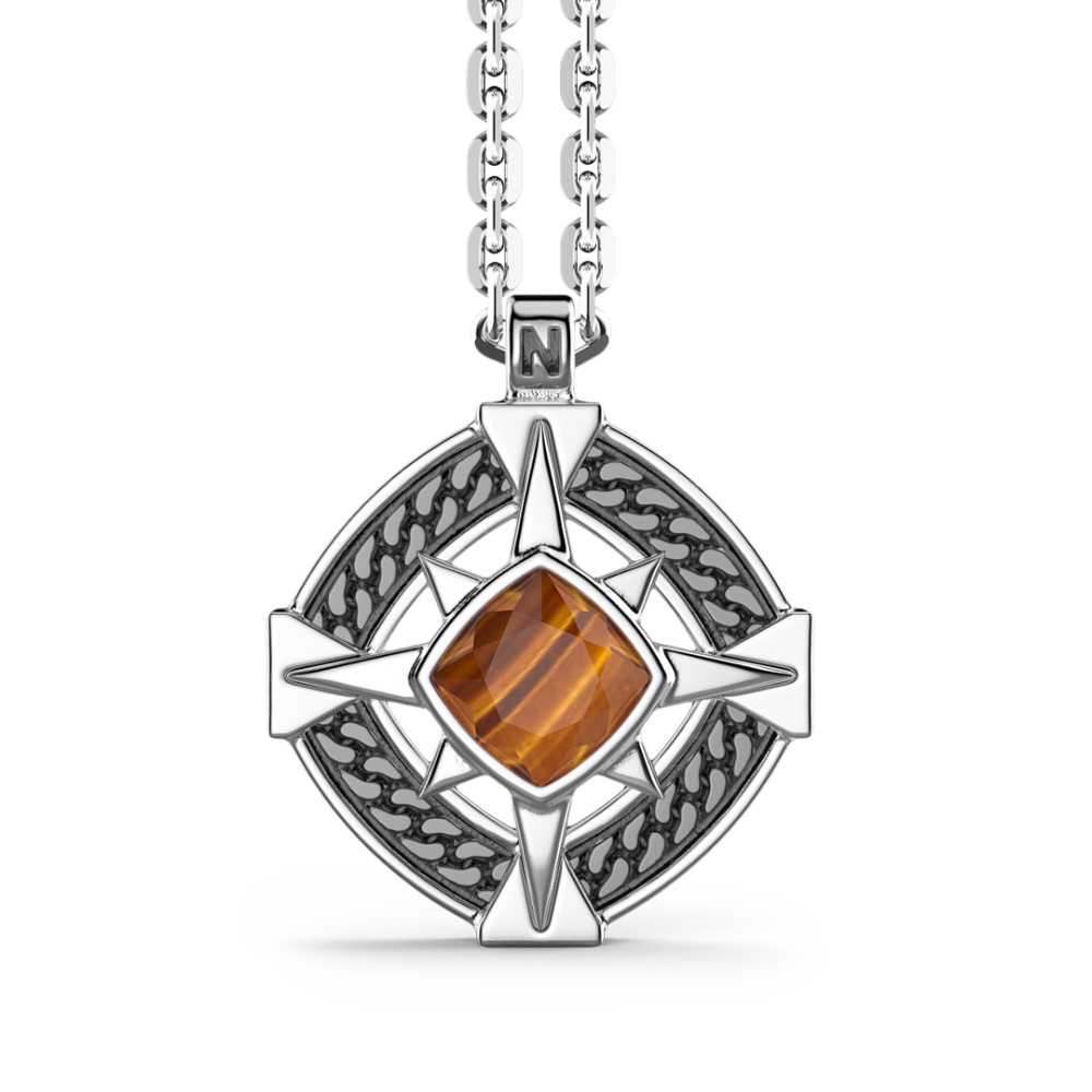 Zancan silver necklace with wind rose pendant and tiger's eye stone.