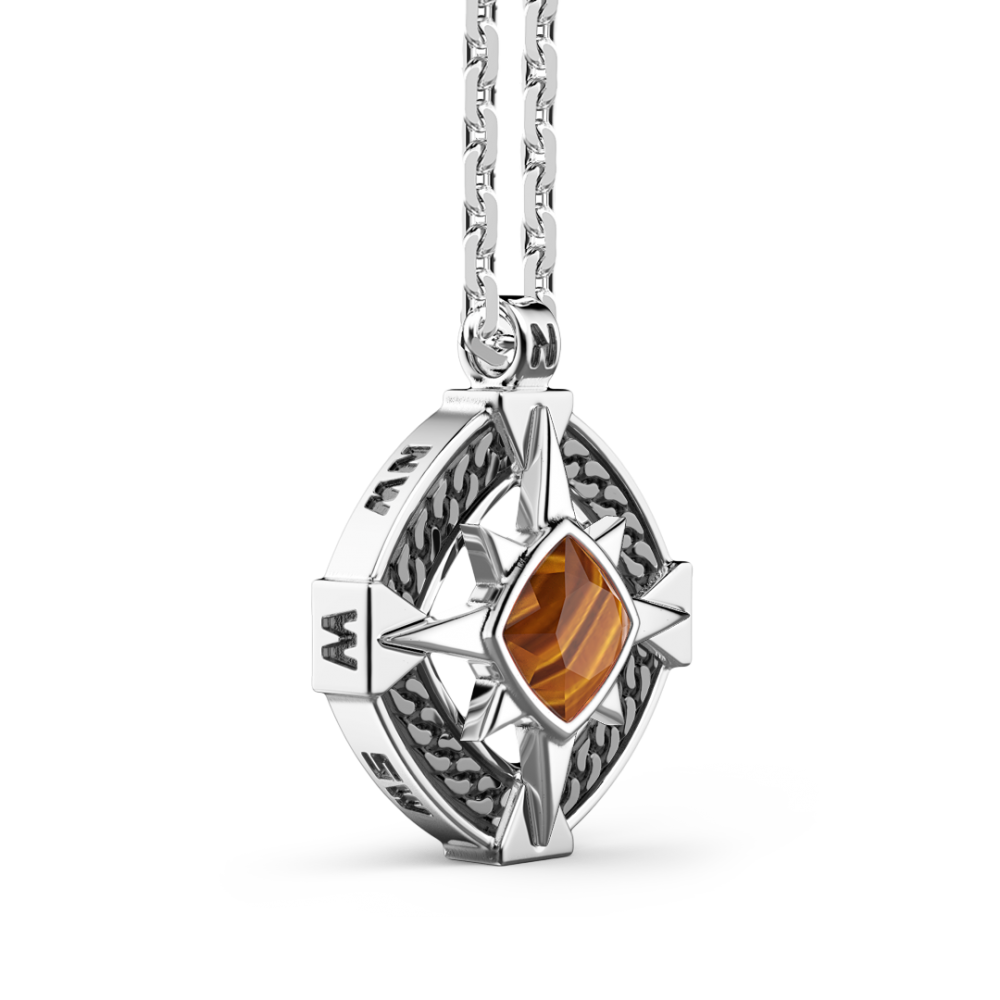 Zancan silver necklace with wind rose pendant and tiger's eye stone.