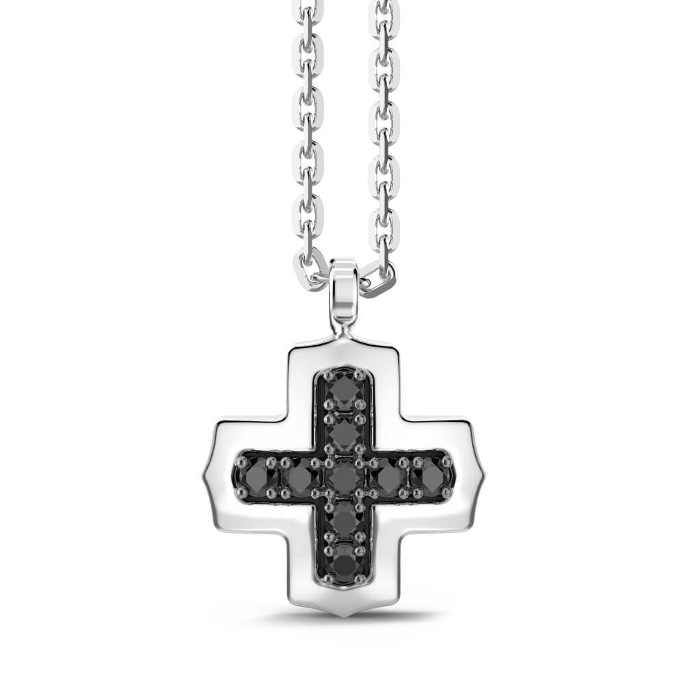 Zancan silver necklace with Greek cross pendant and black stones.