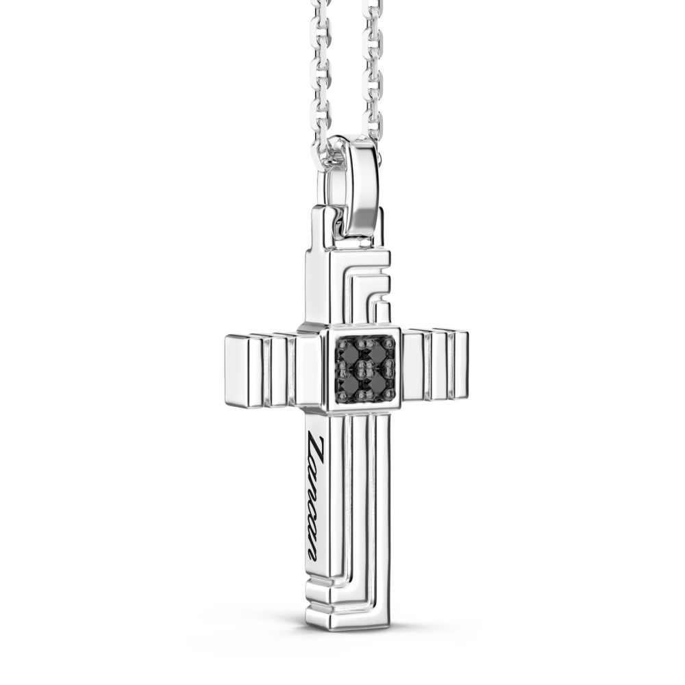 Collier Zancan en argent avec pendentif croix et pierres noires.