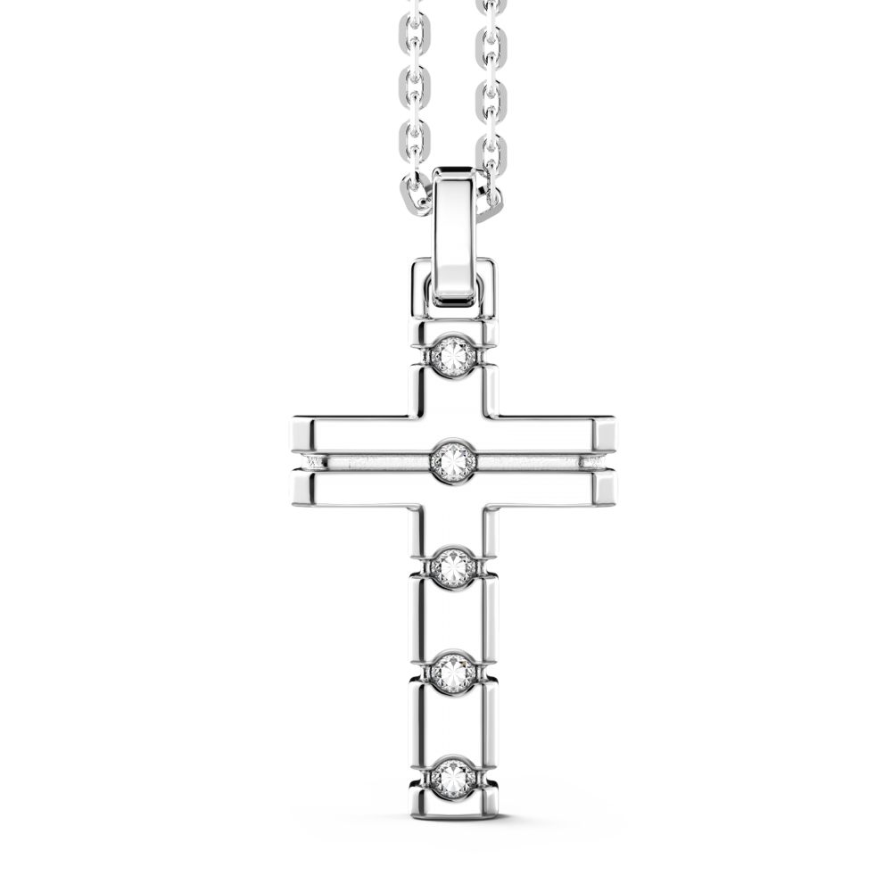 Zancan-Kette aus Silber mit Kreuzanhänger und weißen Edelsteinen.