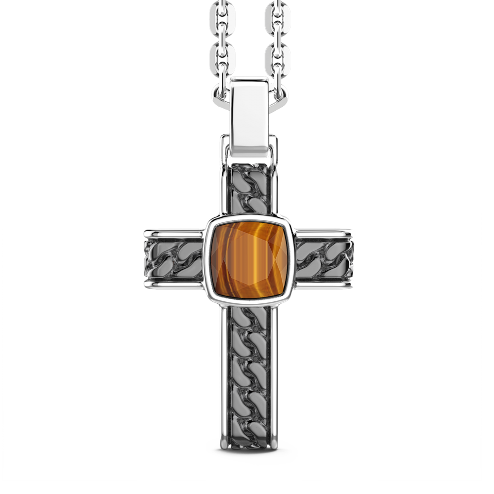 Silberkette mit Kreuzanhänger und viereckigem Tigerauge.